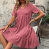 Women's Dress Summer Short Sleeve V Neck Loose Casual A Line Beach Vacation Dress Women Fashion Elegant Pleated Solid Color Ladies Bohemian Dresses