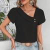 New Chic Womens Asymmetrical Neck Puff Sleeve Blouse Casual Button Detail Short Sleeve Top Elegant Loose Fit Summer Shirt for Work  Everyday Wear
