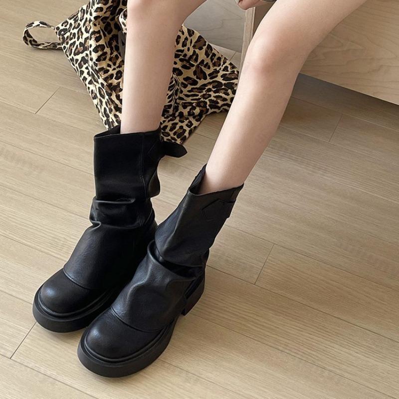 Women Boots 2026 Autumn Round Toe Chunky Platform Mid Calf Boots Fashion Retro British Style Wedges High Top Boots Botas Mujer
