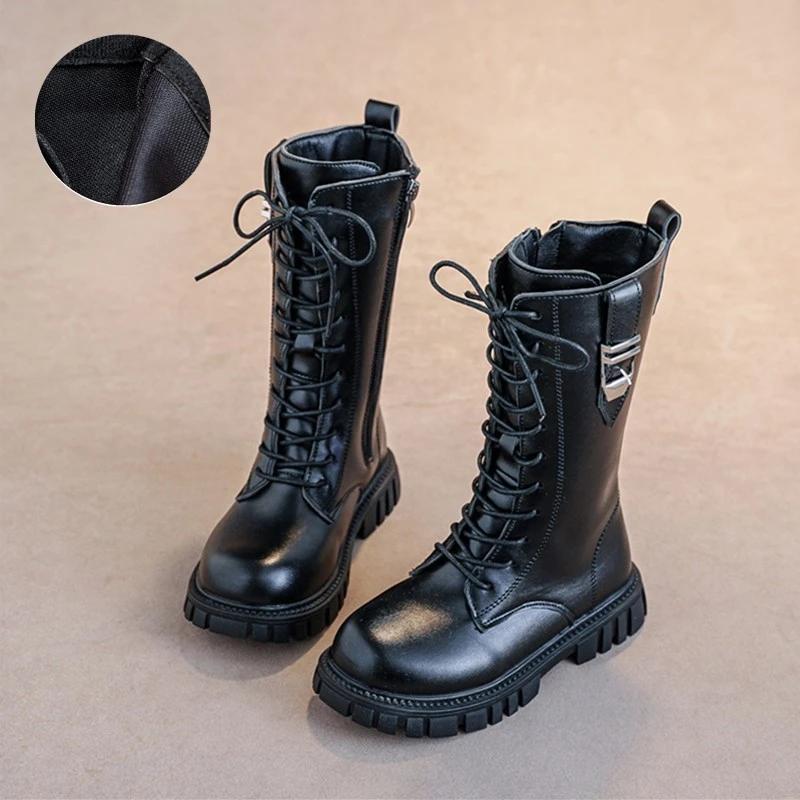 Girls Long Leather Boots Solid Color Britain Style Kids Princess High Boots Fashion Children Catwalk Buckle Boots Classic Chic