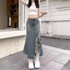 Damen Hohe Taille Asymmetrischer Denim Rock Rüschen Schlitz Midi Rock Vintage Lässig Ausgestellter Rock