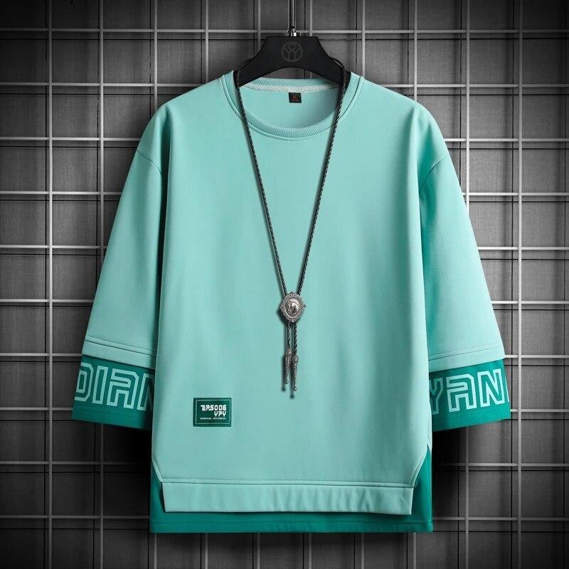 

Men s Short-sleeved Casual Color Blocking Seven-minute Sleeve T-shirt 5XL