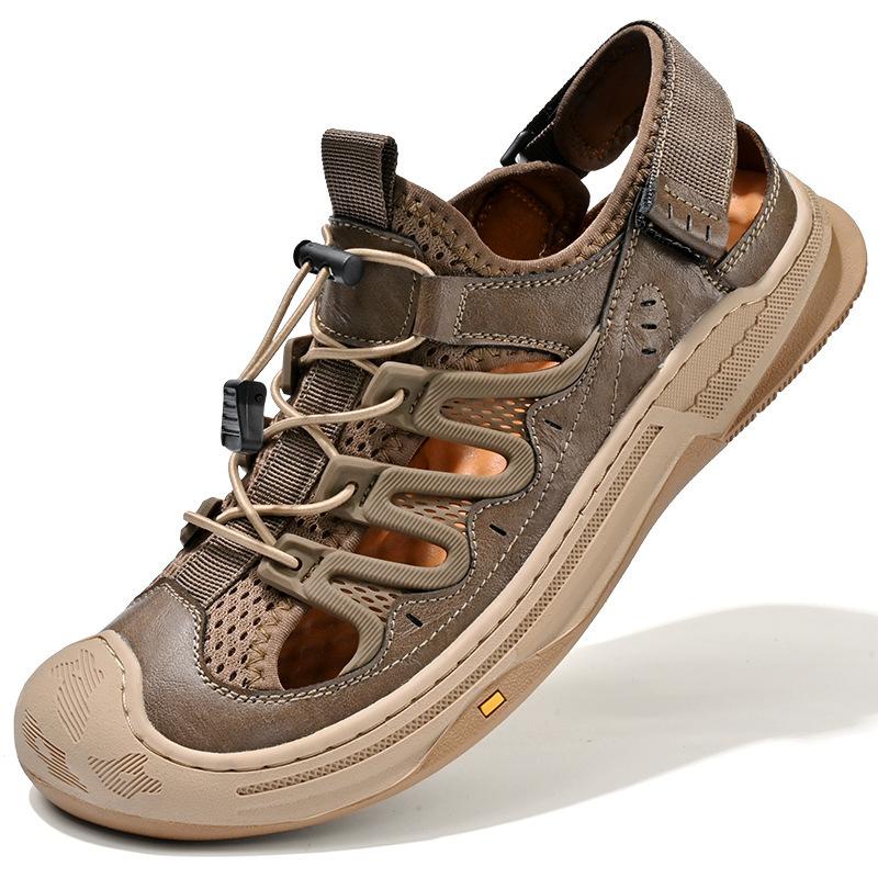 

Мужские сандалии большого размера 2024 года, летняя новая обувь для отдыха на природе, кожаные сетчатые туфли с сумкой, обувь с затылком и ручьем, прилив 38 коричневый