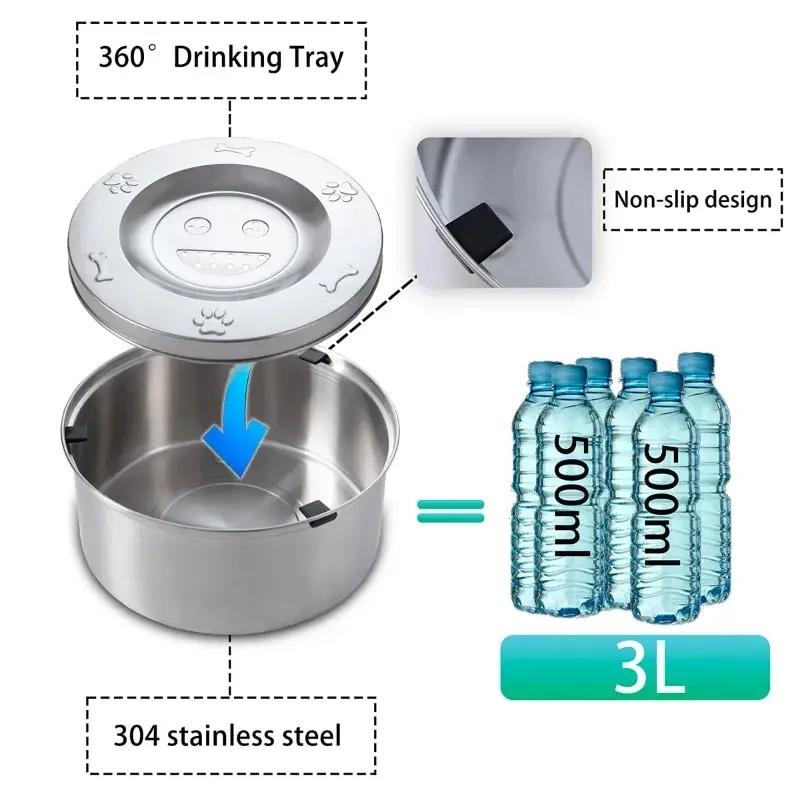 3L Dog Water Bowl Stainless Steel No Spill Large Capacity Dog Food Drink Bowl Slow Water Feeder,Spill Proof Pet Water Dispenser
