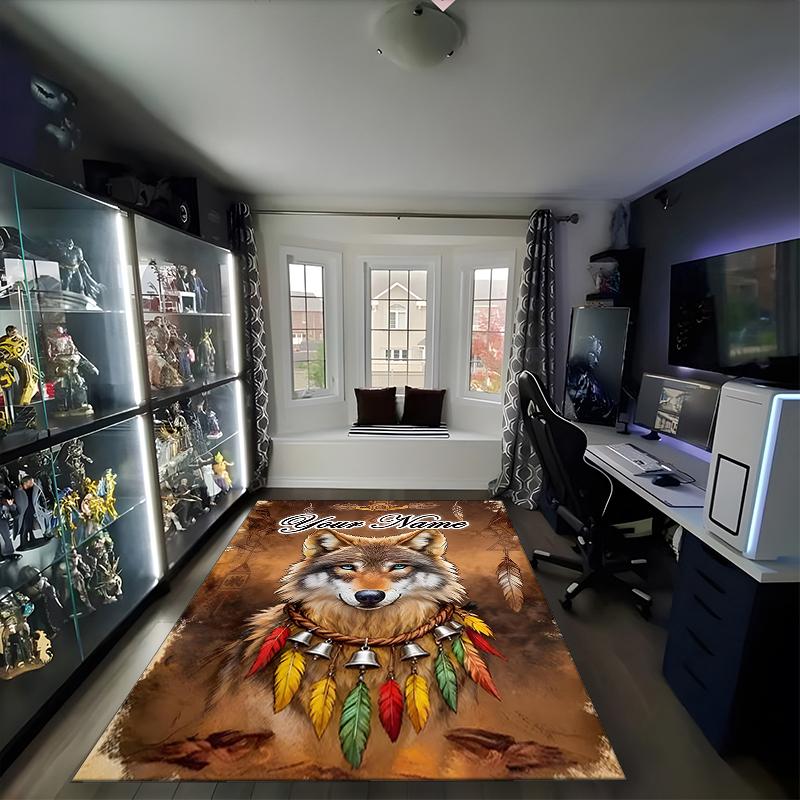 1PC Custom Name Wolf Spirit Dreamcatcher Theme Floor Mat Ideal for Living Room, Game Rooms, Office, Bedroom,Floor Mat Playful Design