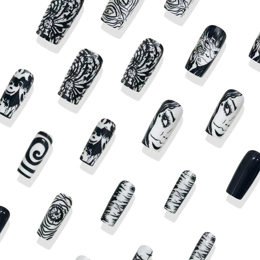 24Pcs Japanese Coffin Shaped Black White Horror Ghost Fake Nails Full Cover Halloween Press On Nail Tips