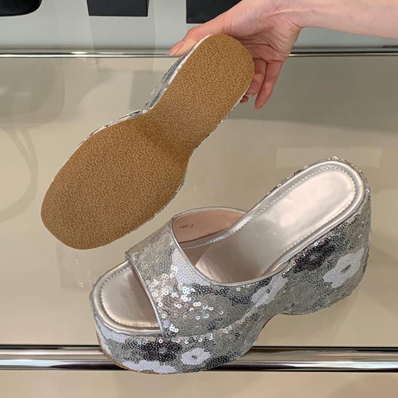 Liyke Sexy 13CM Super High Heels Wedges Slippers For Woman Pink Sequined Thick Bottom Open Toe Party Dress Shoes Platform Sandal