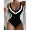 V Neck Color Block One Piece Swimsuit High Cut Tummy Control Bathing Suit