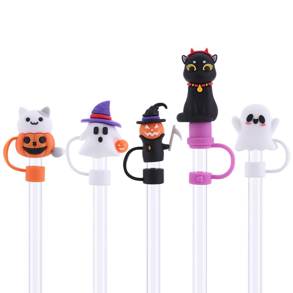 5-1pc Halloween Silicone Straw Covers Dust-Proof Cute Cartoon Straw Caps Funny Tumbler Straw Plugs for Stanle y 30/40 OZ Cups