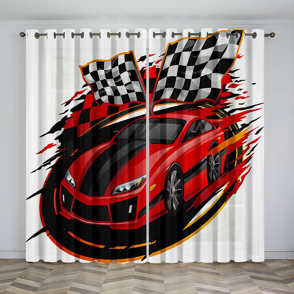 2Panel Racing Car Flag Print Curtains for Bedroom Living Room Floor-to-ceiling Window Kitchen Blinds Grommet Top Cortinas Drape
