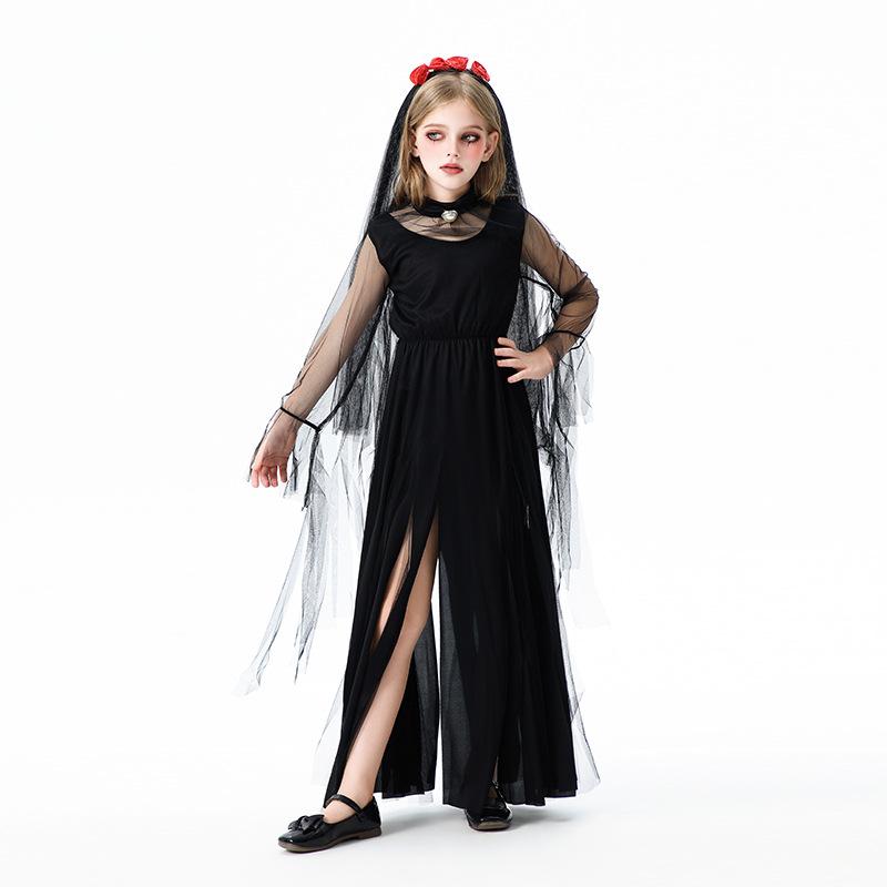 Halloween Kinderkostüm Mädchen Dunkler Dämon Geisterbraut Langes Kleid Vampir Hexe Europäisches und Amerikanisches Lustiges Showkostüm