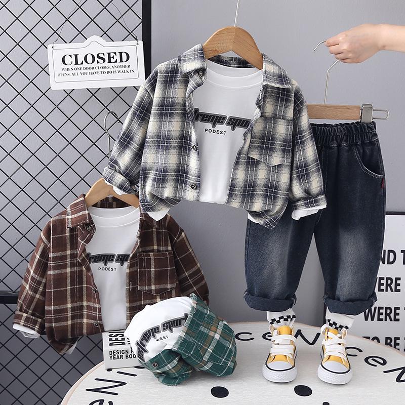 2025 Plaid Shirt Boy's Retro Fashion Three-Piece Set: Casual Spring & Autumn Outerwear