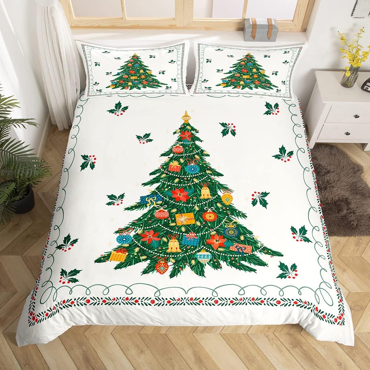 

Christmas Tre Soft Duvet Cover Set Quen King-Sized Dimensionsd Dimensions Botanical Patern Comfortable Quilt Cover Beding for Children Kids Young 100*200cm Single