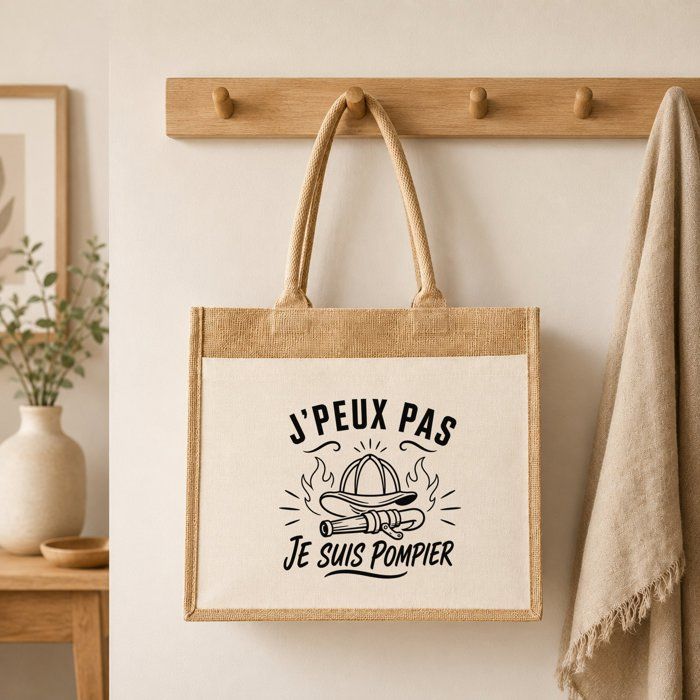 Sac Cabas Jute avec Poche J’peux pas je suis Pompier J'peux pas minimaliste | Toile de Jute et Coton 21 L Fond Plat Anses 65 cm