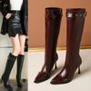 2025 Autumn New European and American Style Pointed Head Thin Heel Rivet High Boots High Heel Boots Belt Buckle Large Size Knight Boots Women