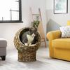 Woven Banana Leaf Elevated Cat Bed Wicker Kitten Basket Pet Den. House Cosy Cave with Soft Cushion Dome 40x37x51cm Grey