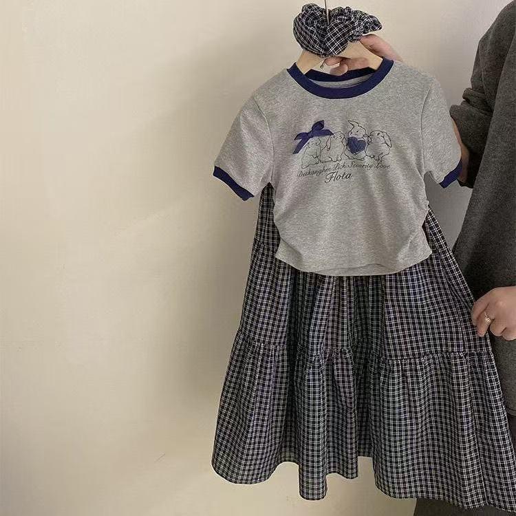 Girls' Contrast Edge T-Shirt & Plaid Skirt Set - Cartoon Embroidery (2-Piece Summer Outfit)