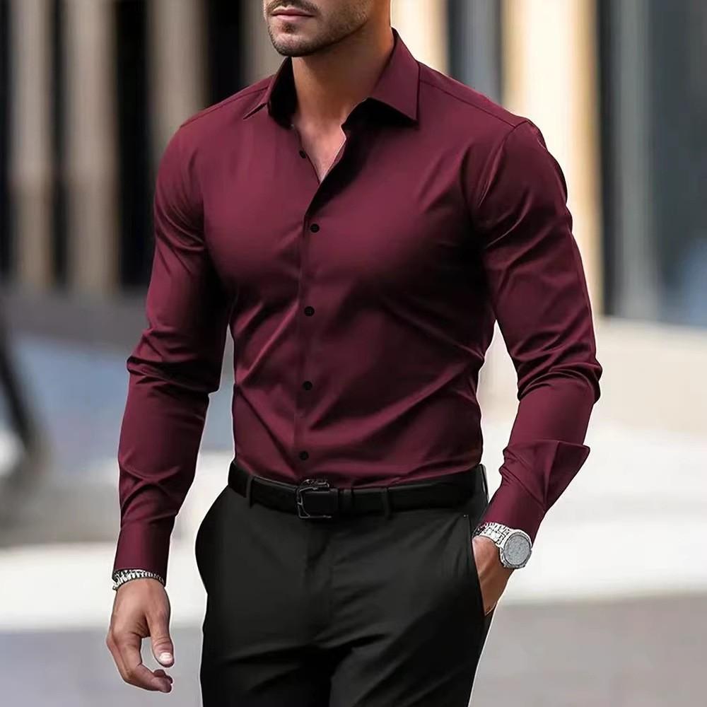 Frühling Herbst Neue Herrenkleidung Langarm Einfarbige Freizeithemden Herren Kragen Slim Fit Hemd Oberteile