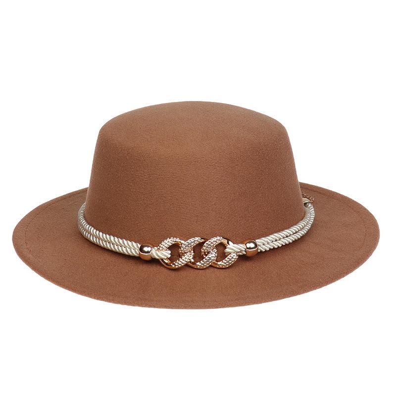 Women's Wool Felt Flat Top Fedora Hat - French Autumn/Winter Retro Style with Chain