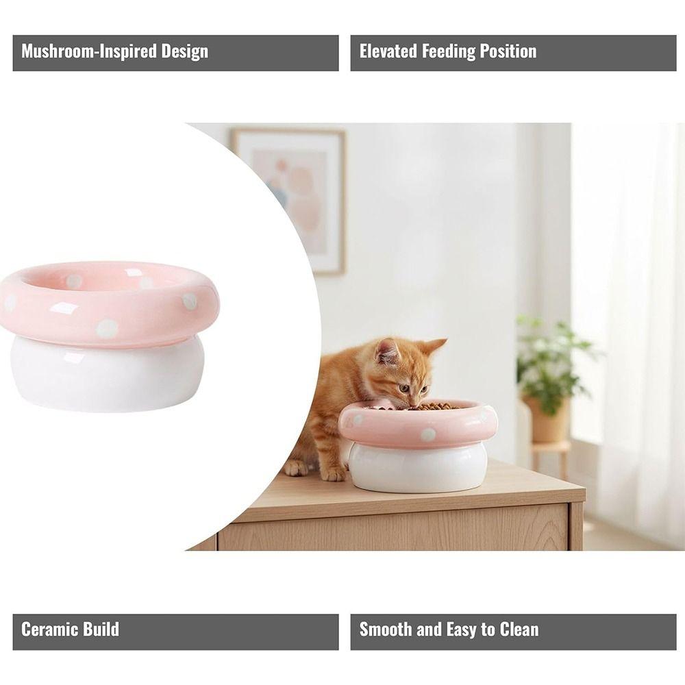 with Raised Base Ceramic Pet Bowl for Comfortable Eating Mushroom-Shaped Elevated Feeder Safety Cat Bowl for Cats and Small Dogs