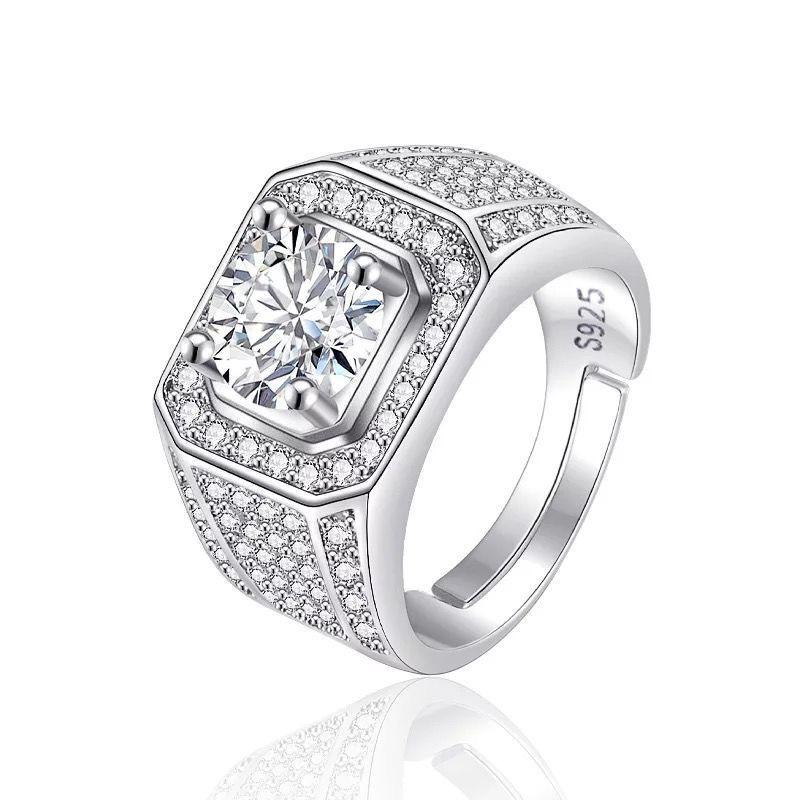 Large Men's Domineering Ring: 925 Sterling Silver, Copper, White Gold-Plated, One Carat Diamond Ring.
