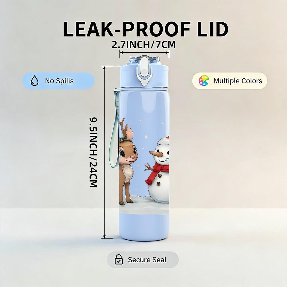 1PC Reindeer And Snowman Winter Print 750ml Color Plastic Sports Water Bottle Leakproof Flip Straw Lid Suitable for Sports Office Home Use
