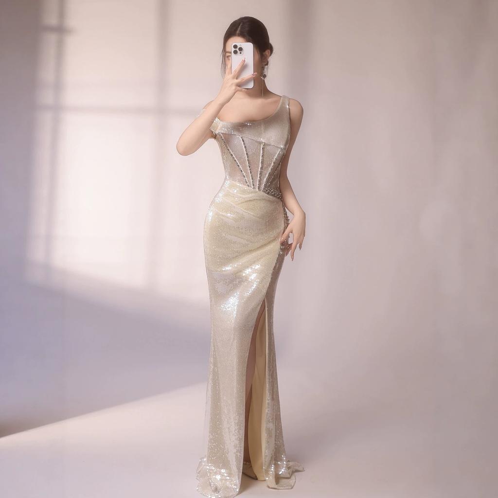 Evening dress women's 1011 new high-end sequins are beautiful, unique and beautiful, one shoulder, important occasion banquet host