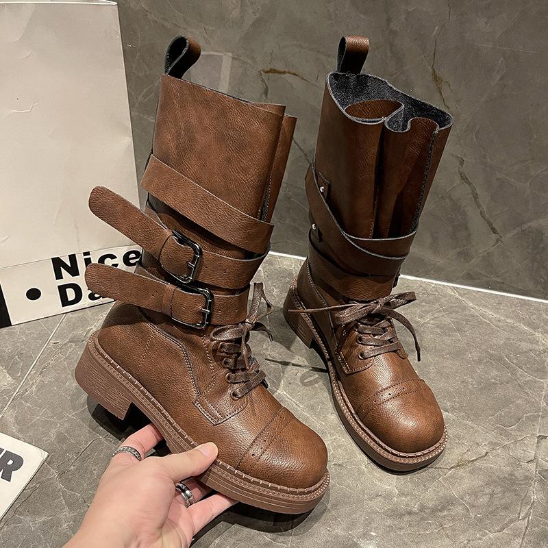 

New soft leather Martin boots women s retro belt buckle medium tube knight boots locomotive short boots women s single boots 35