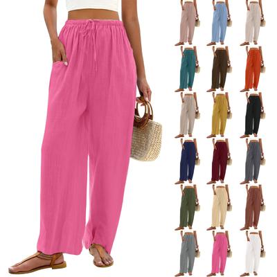 Calças Casuais Largas de Linho Femininas com Cordão e Perna Larga
