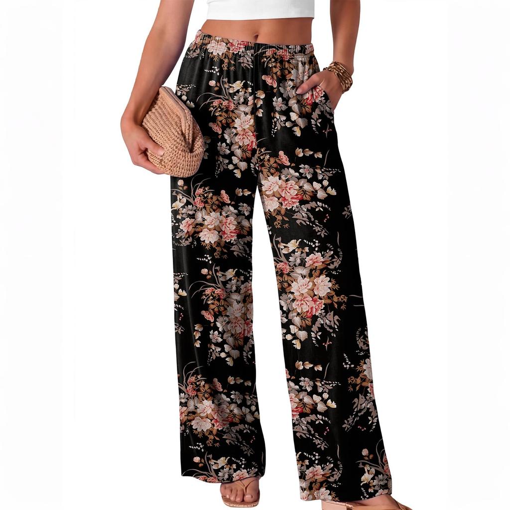 Women Loose Fit Wide Leg Trousers Casual High Waist Elastic Waistband Printed Long Pants for Everyday Wear