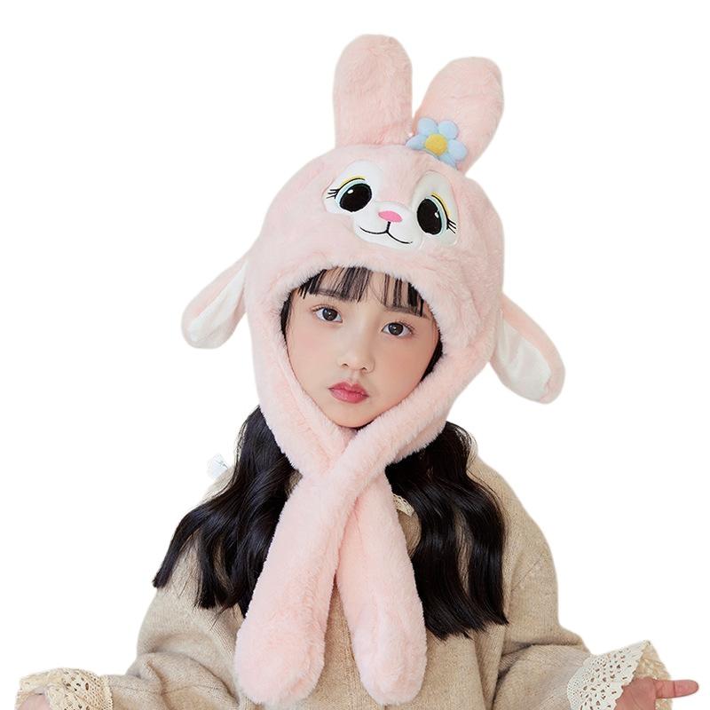 Children's hats, ears move, cartoon rabbit scarves, all-in-one hats, boys and girls, winter ear protectors, pullovers.