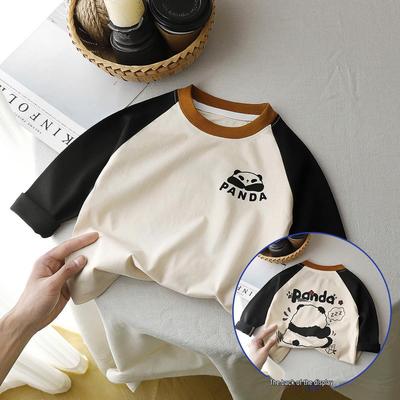 2025 Spring/Autumn Kids' Panda T-Shirt: Cute Korean Color Block & Letter Print