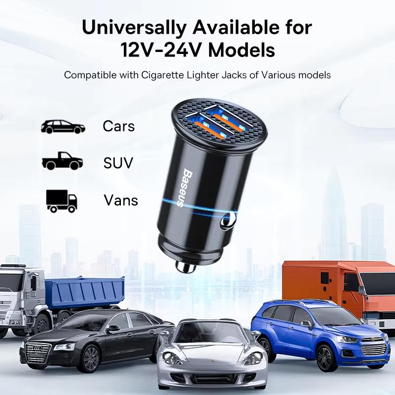 Baseus Car Charger 5A Fast Charging Cigarette Lighter, One To Two 30W Dual Port USB Car Charger Head