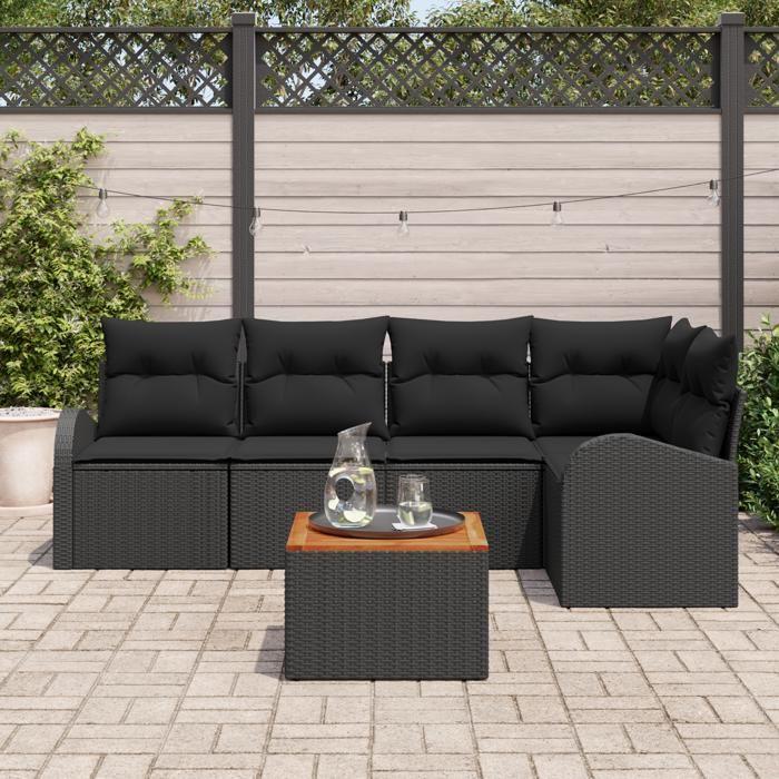 VidaXL Ensemble de Canapé de Jardin 6 Pièces avec Coussins Noir Poly Rattan Acacia 3347583