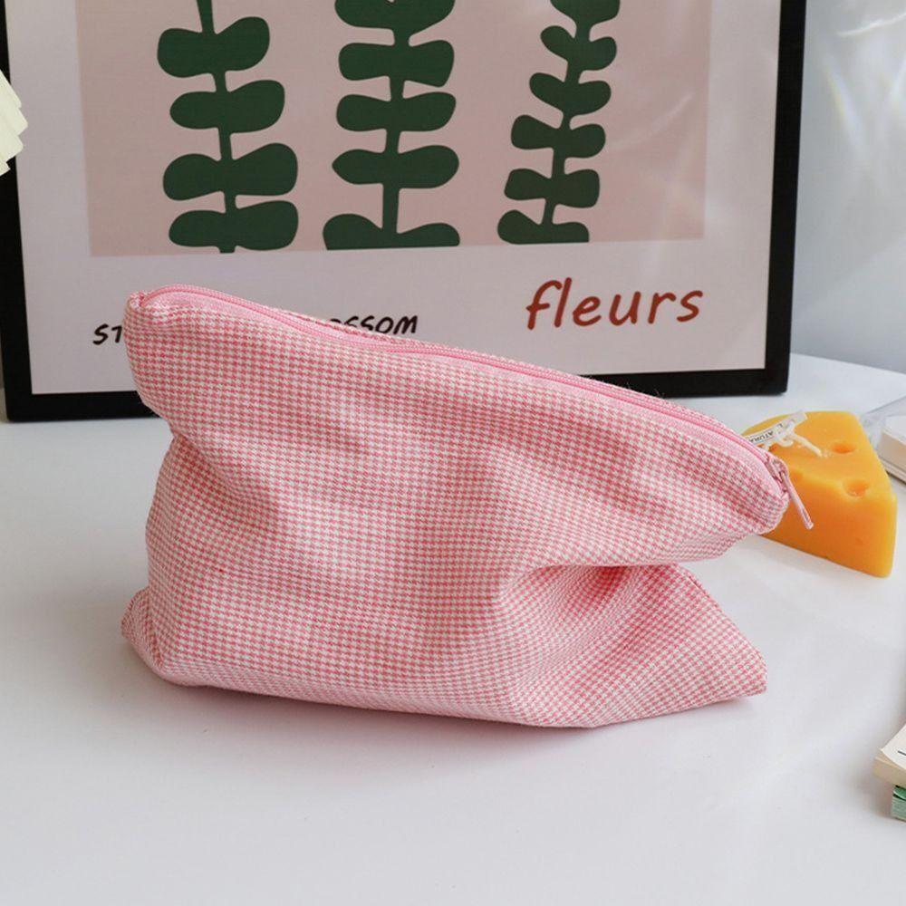 Portable Large Capacity Cosmetic Bag Cotton Plaid Cosmetic Storage Bag Lipstick Storage Bag розовый