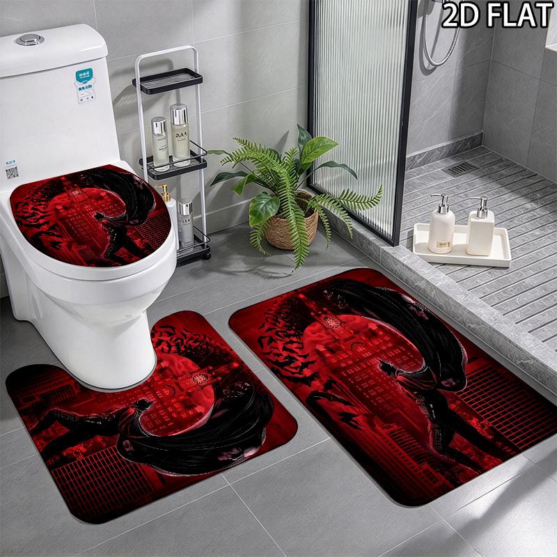 3pcs Black and Red Batman Pattern Flannel Nonslip Absorbent Washable Decorative Bathroom Home Toilet Seat Cover Mat