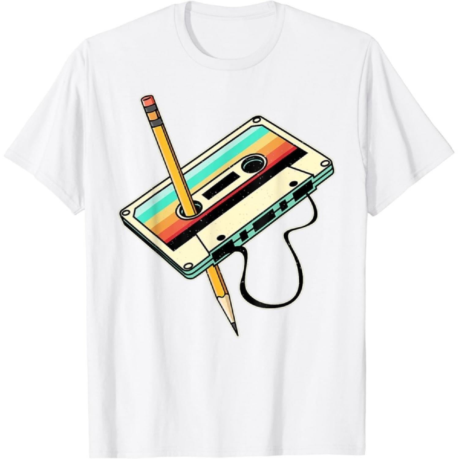 CXAPRDSH 80s Cassette Tape Pencil 1980s Retro Vintage Throwback Music T-Shirt S