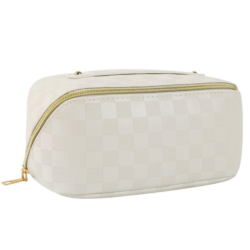 Portable Checkerboard Pu Leather Handheld Travel Large Capacity Cosmetic Toiletry Storage Bag