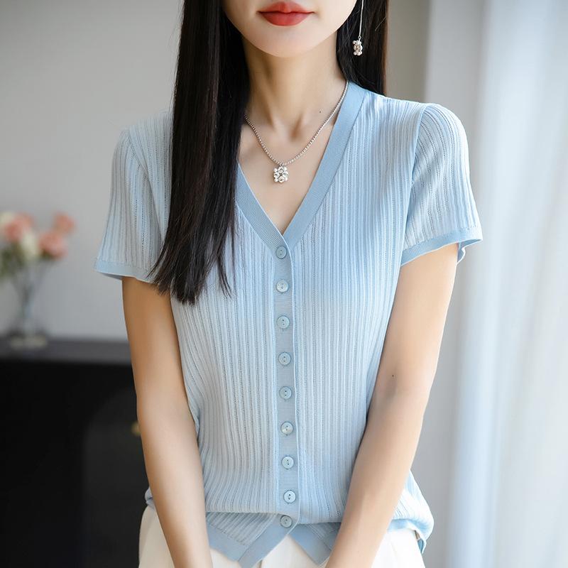 Vneck New Knitted Summer A Cardigan With Tapered Stripes A Fashionable And Versatile Shortsleeved Top