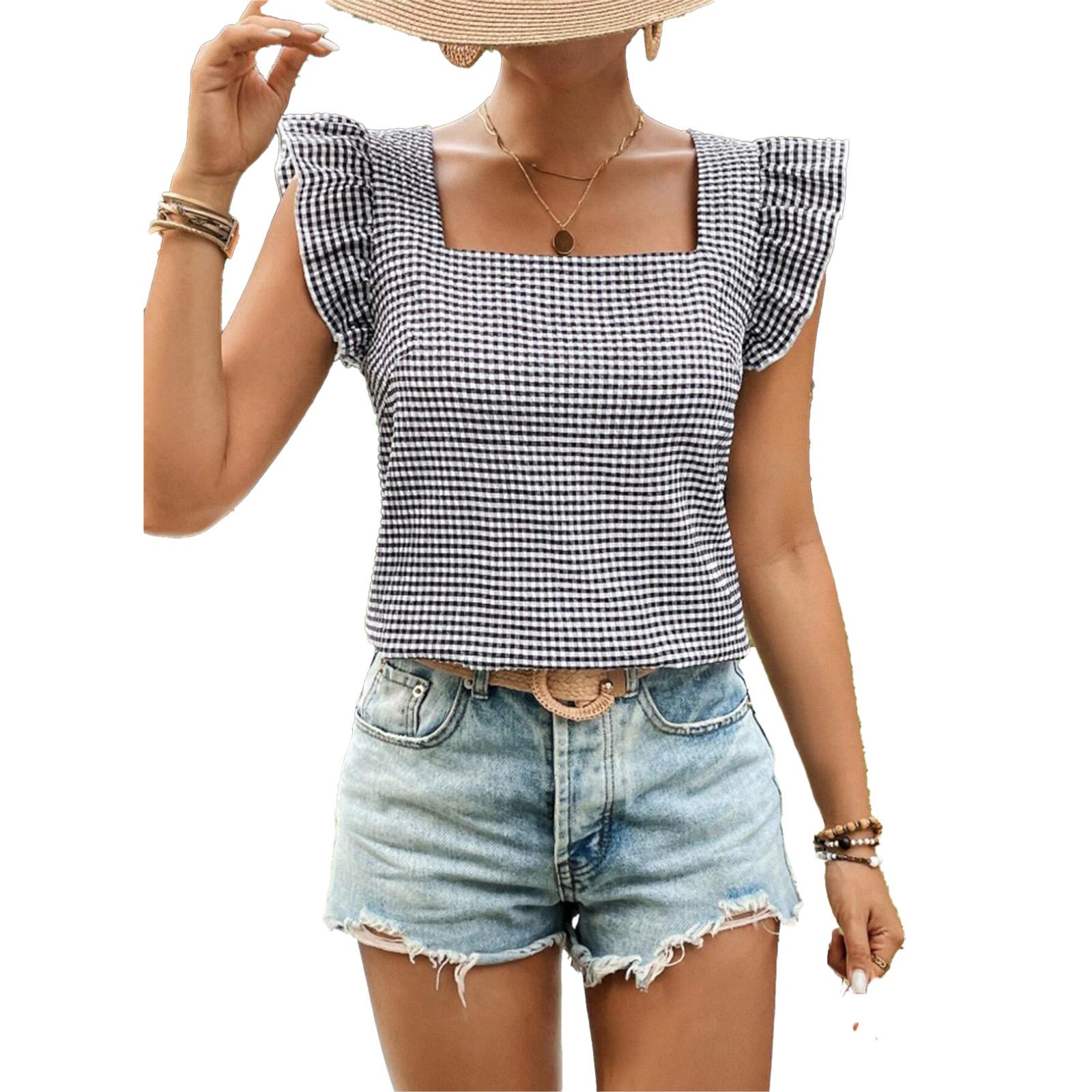 Women s fashionable casual square neck short-sleeved top S чёрный