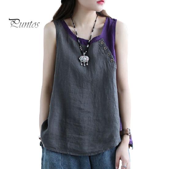 Summer Blouse Women Tank Top Contrast Color Patchwork Round Neck Sleeveless Thin Match Pants Casual Vintage Plus Size Lady T-shirt Clothes
