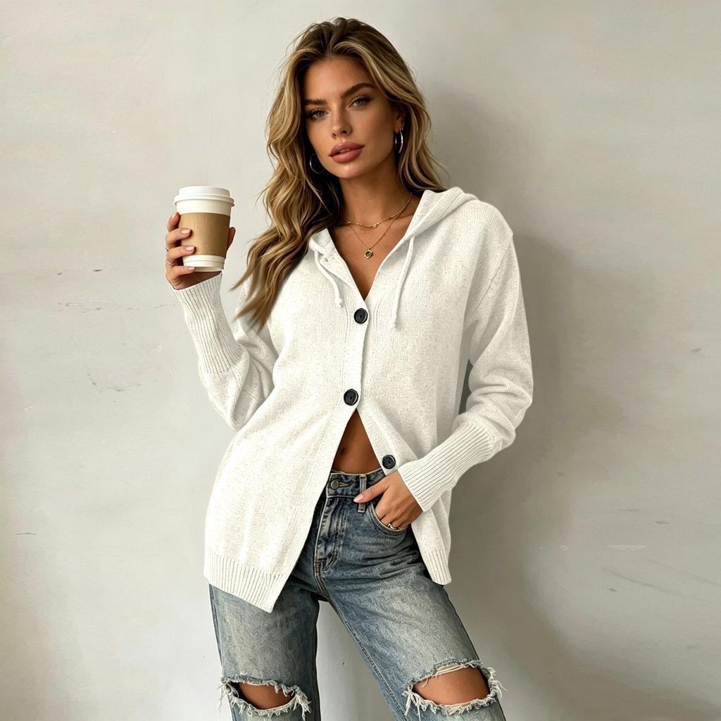 Women's Color Hooded Button-Front Cardigan with Tie Closure for Casual Daily Wear