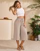 Women's Solid Color Wide-Leg Cropped Pants with Elastic Waistband and Pockets