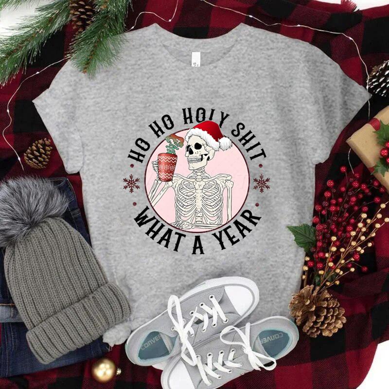 Ho Ho Ho Weihnachtsshirt mit kurzen Ärmeln für Damen Weihnachtsmannmütze Totenkopf Street Style Kleidung Damen Trendiges Neujahrsshirt