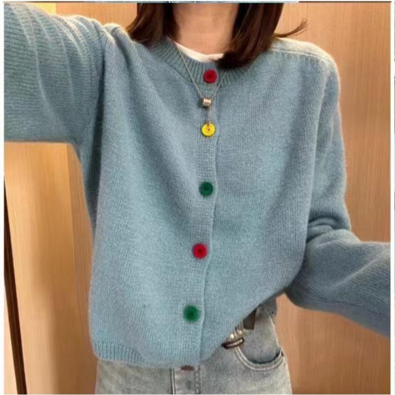 Simple New Design Color Button Round Neck Knitted Top Women's Loose Casual Jacket Top Women