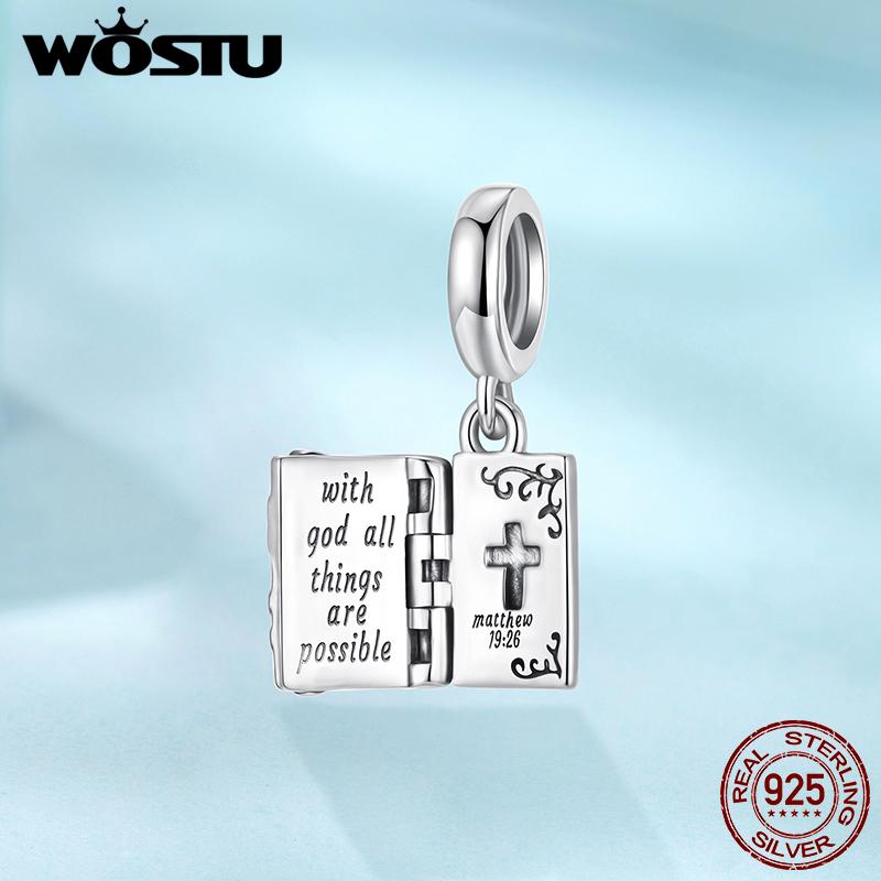 WOSTU 925 Silver Religious Openable Bible Book Charm Cross Faith Pendant Celtic Knot bead Fir Bracelet DIY Family Gift