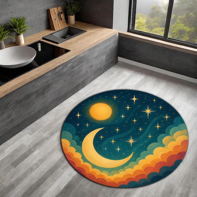 

Tree of Life Zodiac Round Circle Rug Celestial Astrology Carpet with Moons Stars and Seasons Dark Cosmic Vintage Home Decoration 80cm x 80cm