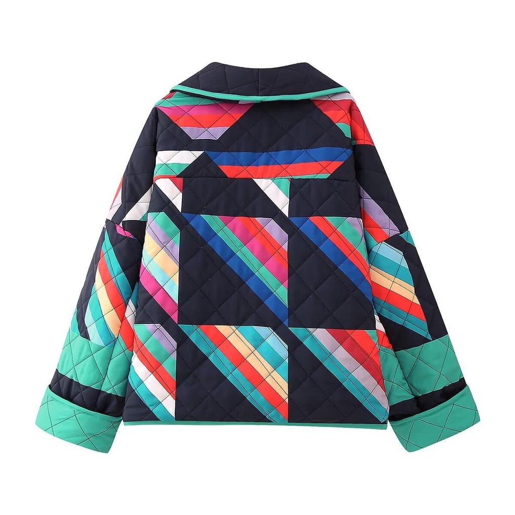 2023 Retro Y2K Colorful Print V-Neck Cotton-Padded Jacket for Women