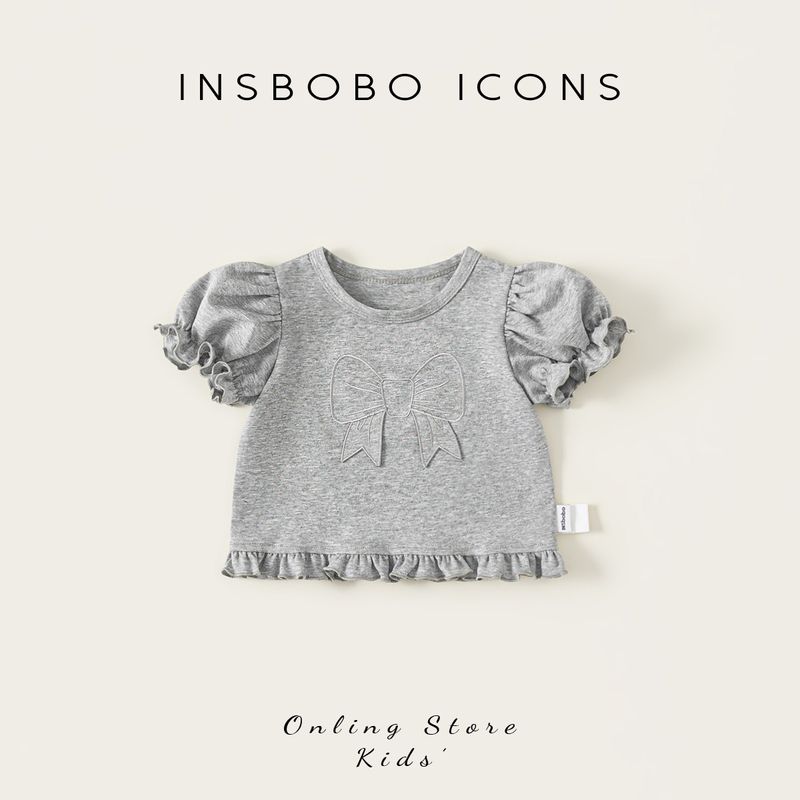 Insbobo Girl Short Sleeve Summer Thin Women s Treasure T-Shirt Western Style Puff Sleeves Kids Tops Casual Early Summer Wear Fashion Gray 90
