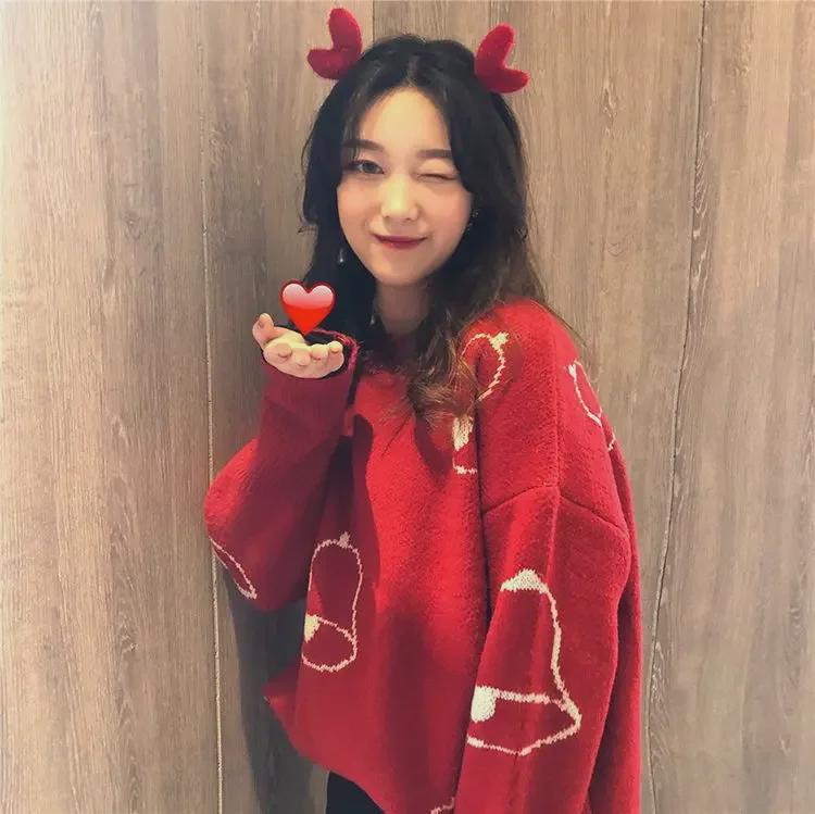 Women's Red Jacquard Christmas Sweater: Autumn Style, Round Neck, Long Sleeve Knit Pullover